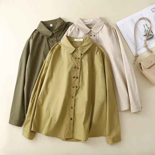 Japanese Mori women's retro lapel double-breasted art shirt solid color simple cotton and linen shirt