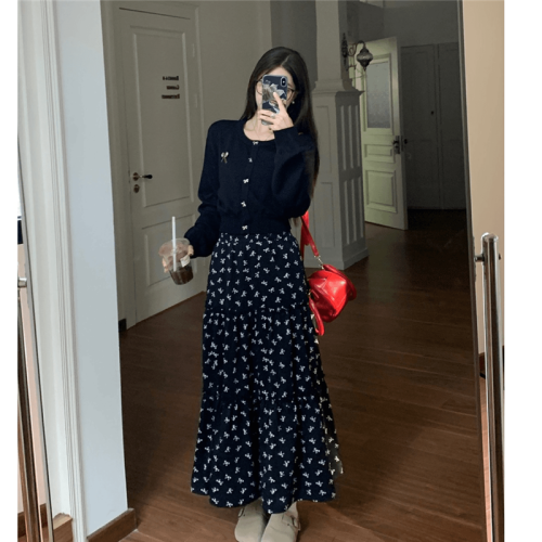 Actual shot ~ Bow long-sleeved sweater floral high-waisted half-length skirt for women early autumn new fashion two-piece set