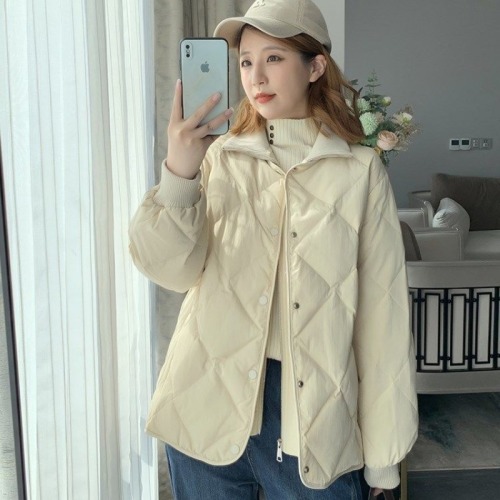 2024 Autumn and Winter Off-White Cotton Clothes Diamond Pattern Splicing Small Short Warm Stand-up Collar Cotton Jacket Coat for Women