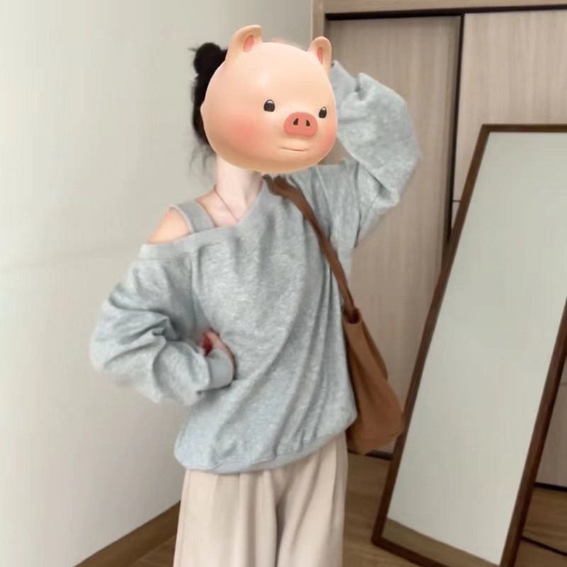Hua Mian Thin/Thick Padding Korean Style Minimalist College Casual Slouchy Gray Hooded Sloping Shoulder New Women's Sweatshirt Autumn/Winter