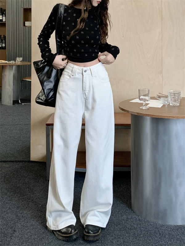 Spring white jeans for women, high waist slimming straight wide leg drapey floor-length trousers