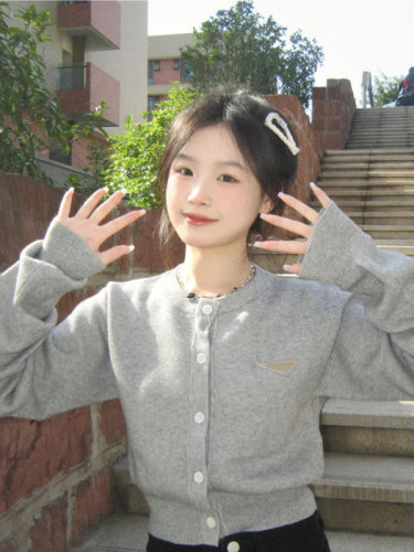 Sheep wool original quality French atmosphere gray unique short knitted cardigan top for women