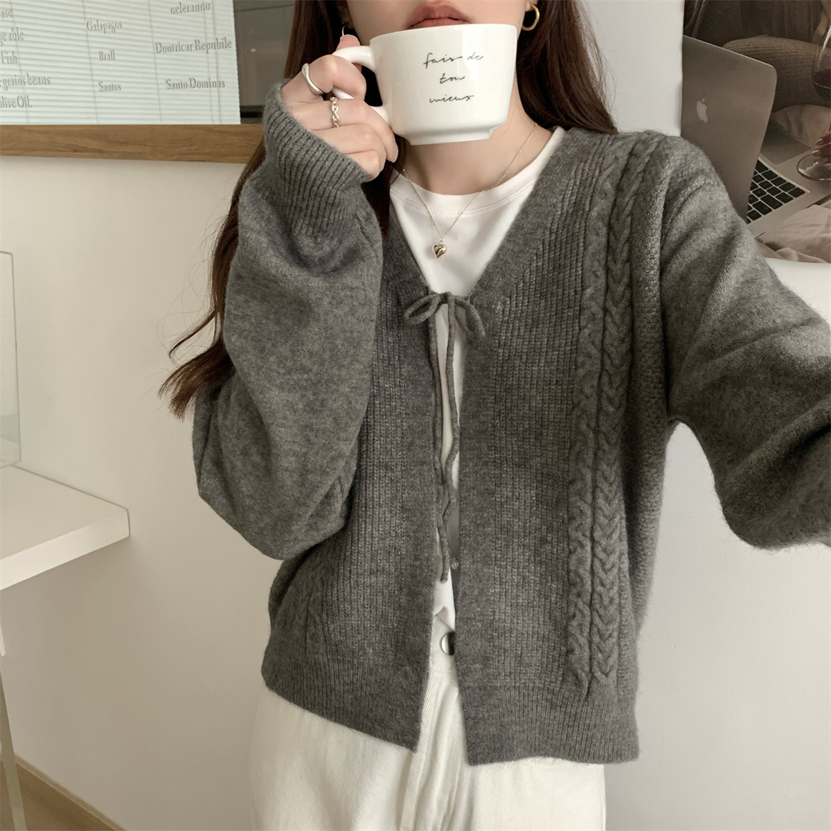 Photographed Autumn/Winter Korean Style Elegant V-Neck Belted Design Knit Long-Sleeve Polar Fleece Outerwear Top for Women