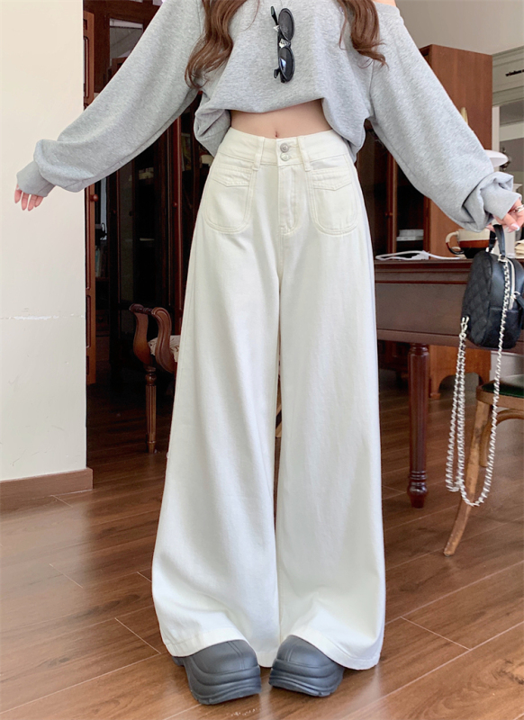 High-waisted straight-leg jeans for women, two-button design, white loose wide-leg floor-length pants