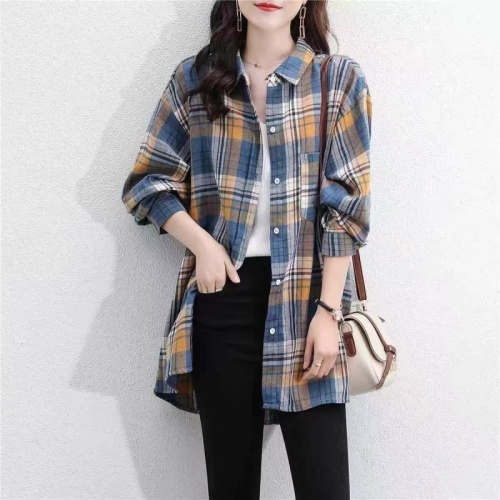 Women's autumn and winter new design retro plaid long-sleeved mid-length shirt jacket