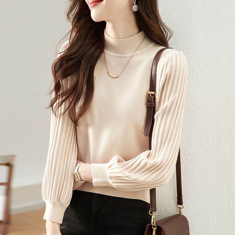 Wool round neck color block striped button slim long sleeve wool sweater top for women