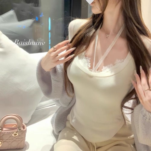 White Water Girl 3-Color Face Mask Print Floral Long-Sleeve T-Shirt Women's Patchwork Pure Desire Slimming Elegant Design V-Neck Top