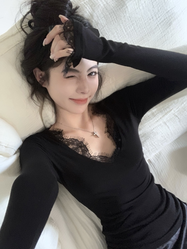 Autumn Pure Desire Sexy Goddess Bottoming Top Women's Slim V-neck Lace Top