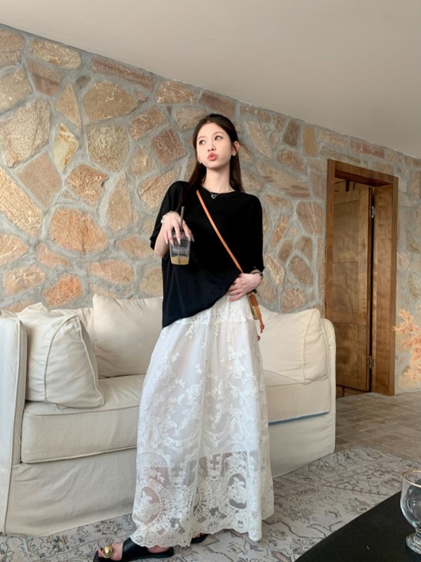 Sparkling T-shirt short-sleeved niche loose design top + lace skirt A-line high-waisted skirt