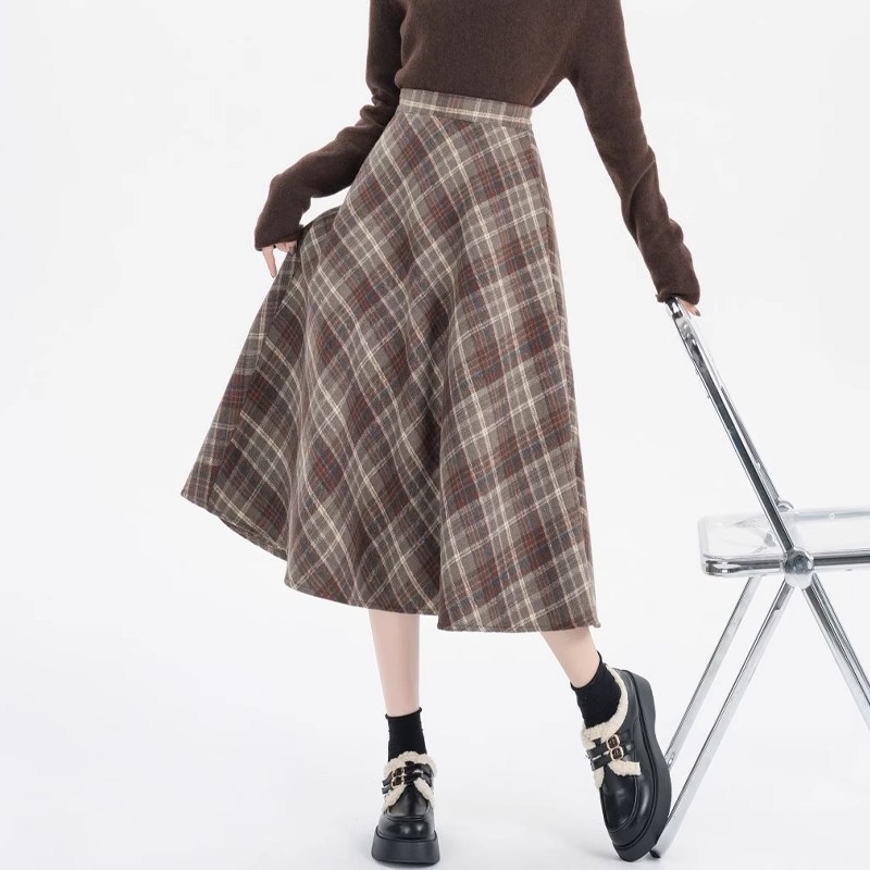 Elastic waist woolen plaid skirt for women new autumn and winter A-line high waist slimming retro petite skirt