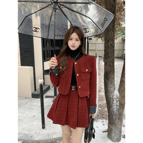 Red small fragrant skirt suit two-piece set autumn and winter new fashionable lady jacket + pleated skirt two-piece set