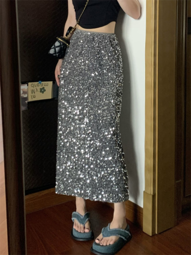 High-end sequined heavy-duty skirt black high-waisted slimming mid-length long skirt with slits for small people