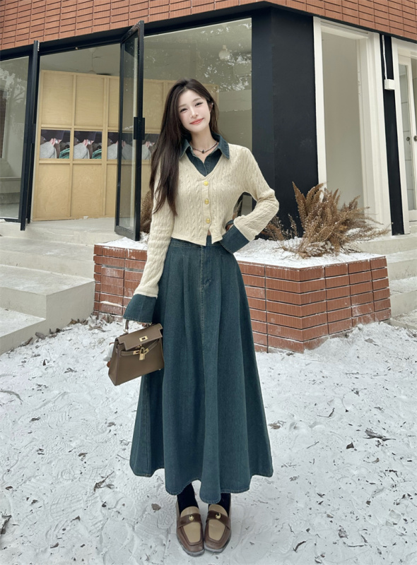 New Korean style denim patchwork knitted fake two-piece top + denim long skirt and short skirt two-piece set