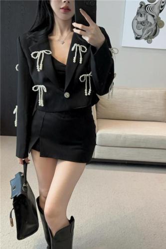 Real shot ~ 2024 new autumn style fashionable pearl bow design short suit jacket for small people