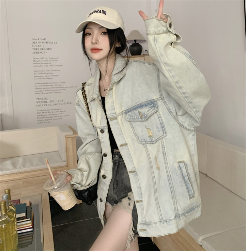 Washed denim jacket retro yellow mud dyed white loose temperament long top jacket