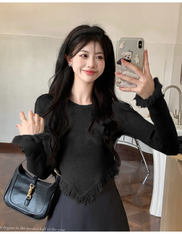 New DeRong Irregular Tassel Knitted Bottoming Shirt for Women Autumn and Winter Pure Desire Sweet and Spicy