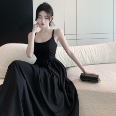 Real shot!  French light luxury temperament dress with female suspender skirt with waist-retight back-release high-end black skirt