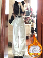 Women's winter new Korean style high-waisted loose straight-leg invisible long pants with white plush denim