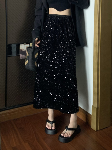 High-end sequined heavy-duty skirt black high-waisted slimming mid-length long skirt with slits for small people