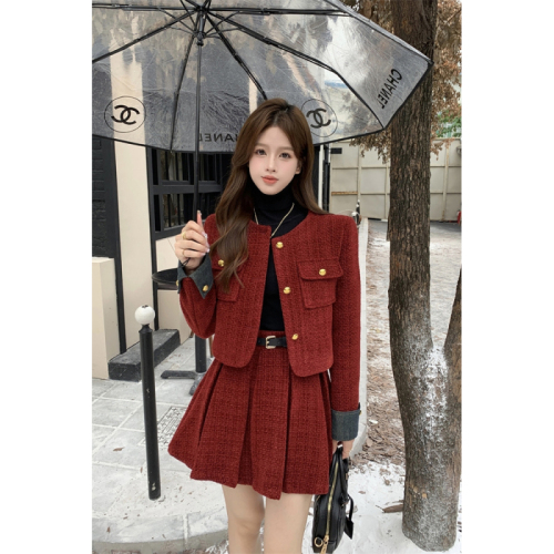 Red small fragrant skirt suit two-piece set autumn and winter new fashionable lady jacket + pleated skirt two-piece set