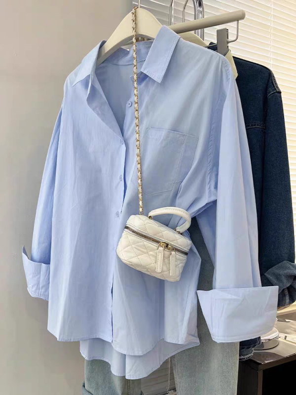 Blue sun protection shirt for women early autumn new thin long-sleeved shirt loose mid-length Polo collar top