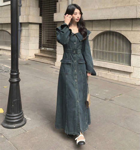 Plus size fat M retro thick trench coat style dress large lapel single breasted denim long skirt