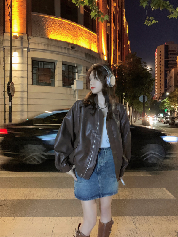 American retro sweet and cool style loose and versatile casual PU leather motorcycle jacket leather and cotton jacket
