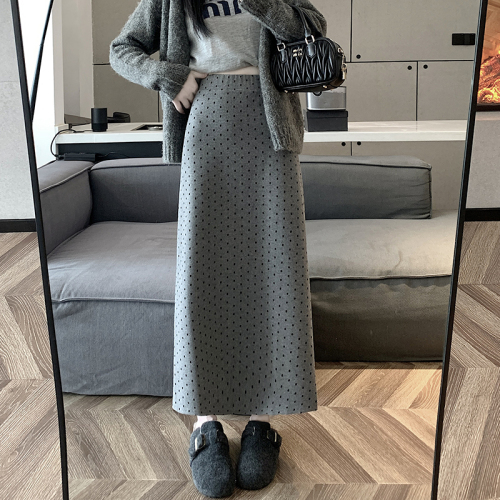 Polka-dot Woolen Skirt Autumn Korean Style High Waist Slim Fashion Walking Skirt Straight Long Skirt Women's Clothing