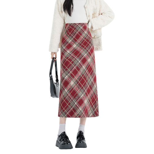 Plaid woolen skirt women's autumn and winter new high-waist slim A-line skirt straight slit mid-length skirt