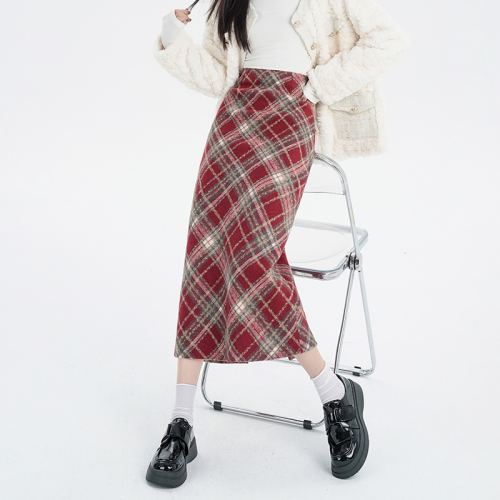 Plaid woolen skirt women's autumn and winter new high-waist slim A-line skirt straight slit mid-length skirt