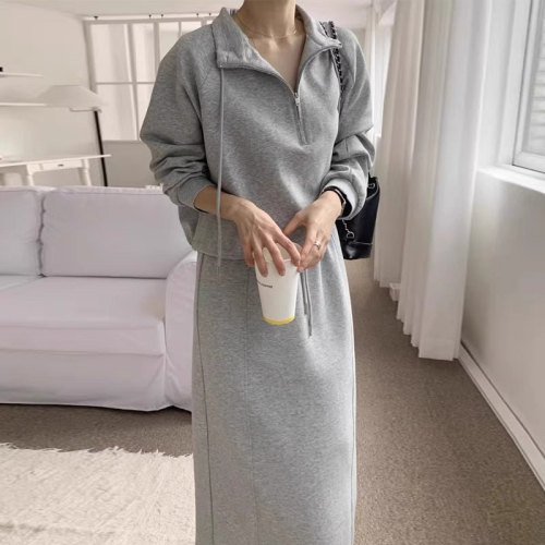 Korean chic autumn retro simple half-zip drawstring long-sleeved sweatshirt + back slit straight skirt suit