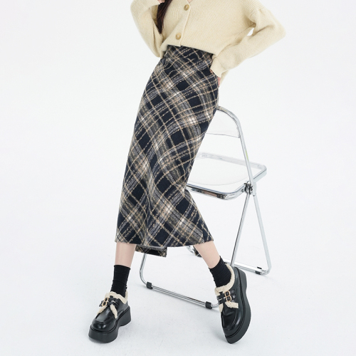 Plaid woolen skirt women's autumn and winter new high-waist slim A-line skirt straight slit mid-length skirt