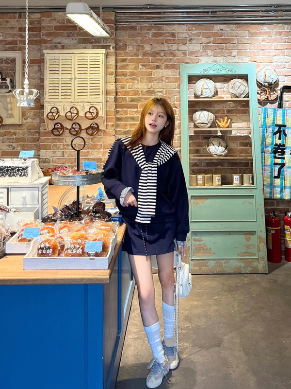 Korean casual plaid patchwork sweatshirt + striped shawl + short skirt three-piece set