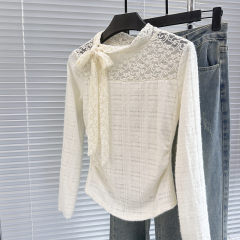 留洋千金蕾絲T恤冬季設計感純欲蝴蝶結飄帶蕾絲T恤