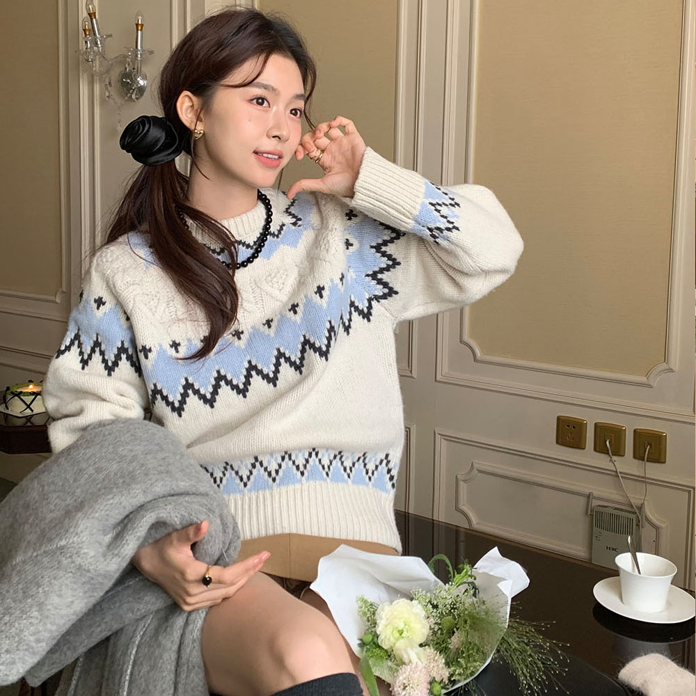 Photographed Retro Chic Ferris Wheel Cable Knit Plaid Color-Blocking Soft and Dense Crew Neck Thicker Warm Sweater