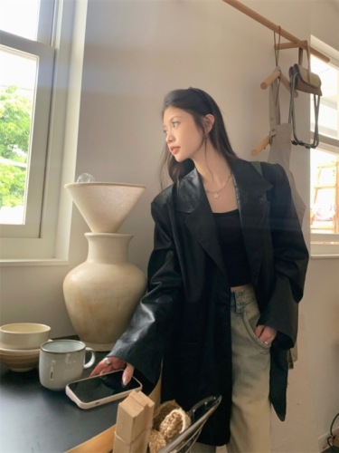 Autumn new ins high-end versatile solid color leather jacket and leather suit