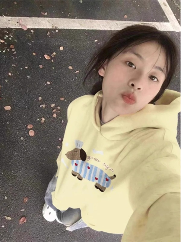 CVC cotton pasta wool Chinese cotton composite/milk silk 300g silver fox velvet 400g front printed hooded sweatshirt for women