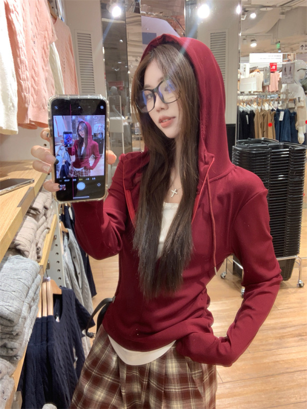 Designed autumn slimming fake two-piece hooded long-sleeved T-shirt top + plaid wide-leg pants