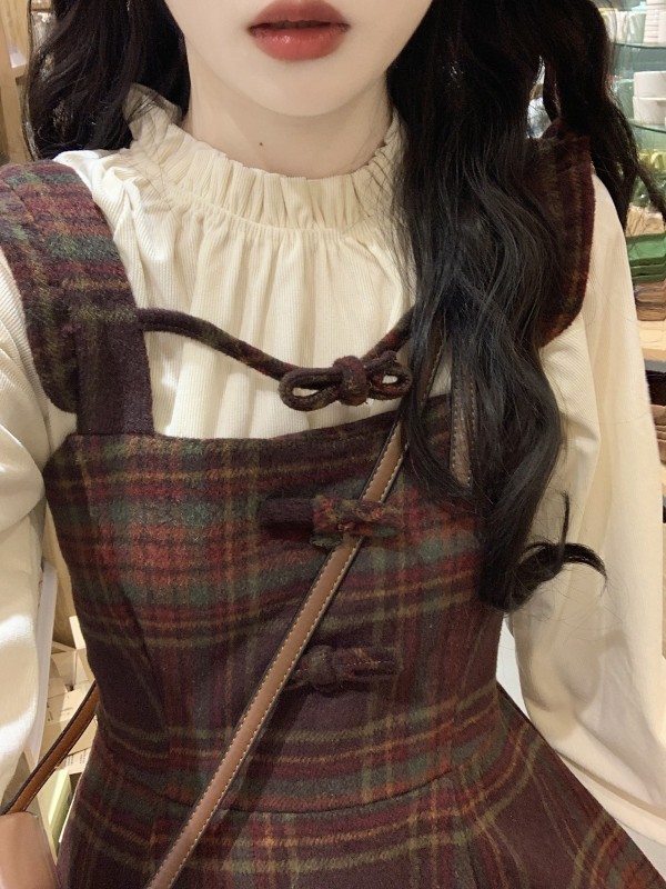 Forest style small flying sleeve waist slimming plaid woolen corduroy shirt two-piece set