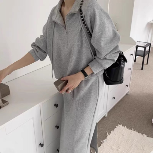 Korean chic autumn retro simple half-zip drawstring long-sleeved sweatshirt + back slit straight skirt suit