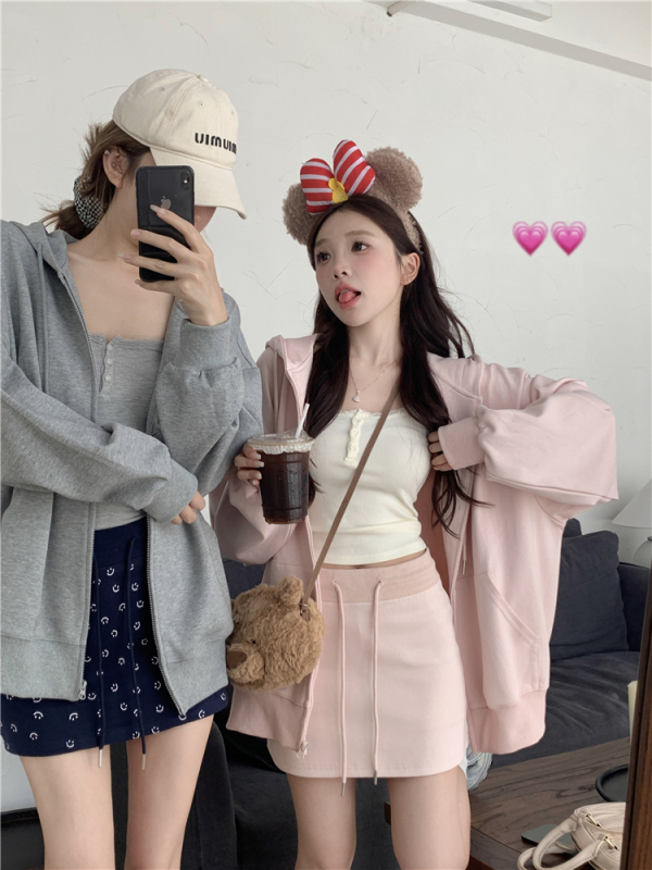Pink peach suit hooded sweatshirt jacket for women new lazy style pink top