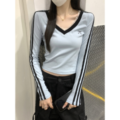 Real shot of autumn and winter Korean style lace splicing v-neck temperament contrasting stripes slimming long-sleeved inner T-shirt top