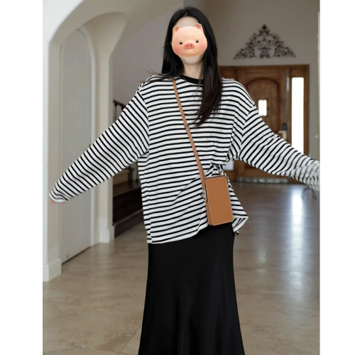 Original colored fabric strip design niche black and white striped long-sleeved T-shirt women's spring and autumn round neck top