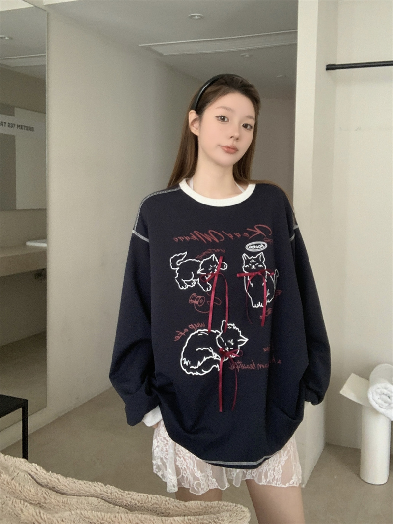 Photographed Funky Print Loose Long-Sleeve Sweatshirt for Women, Korean Style Splicing Lace Bow, Medium-Length Top