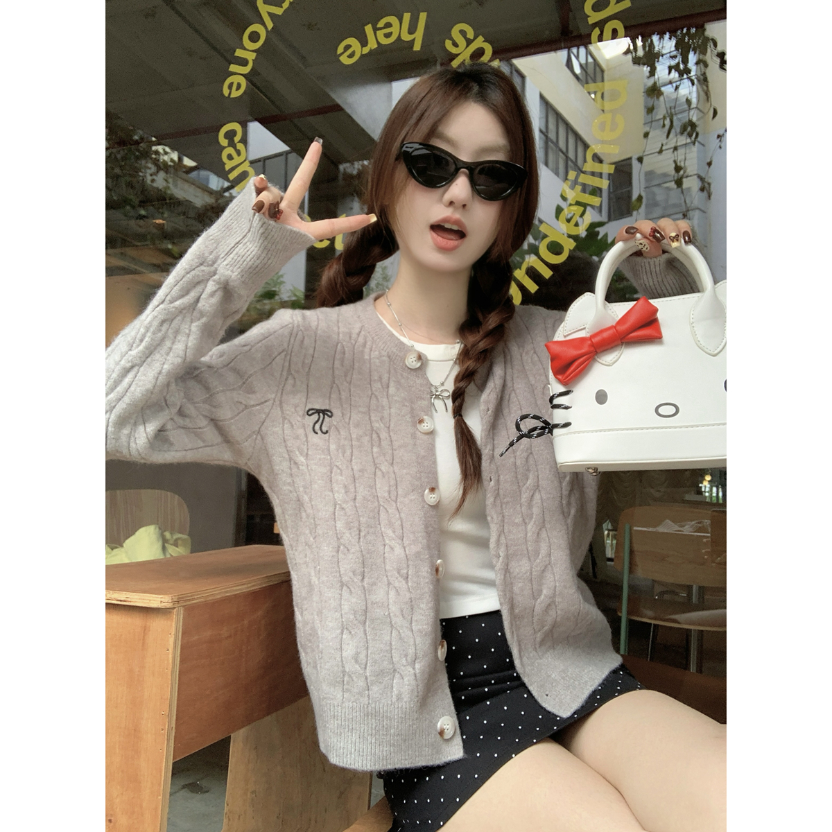 Photographed Autumn/Winter Korean Style Round Neck Versatile Loose Cable Knit Cashmere Cardigan Sweater Outerwear