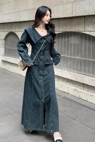 Plus size fat M retro thick trench coat style dress large lapel single breasted denim long skirt