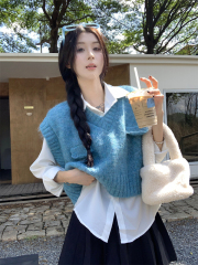 Vitality girl Korean chic simple multi-color V-neck knitted sweater vest + inner shirt