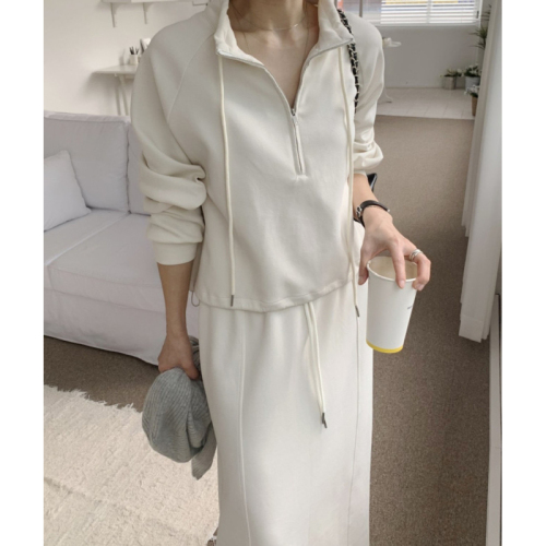 Korean chic autumn retro simple half-zip drawstring long-sleeved sweatshirt + back slit straight skirt suit