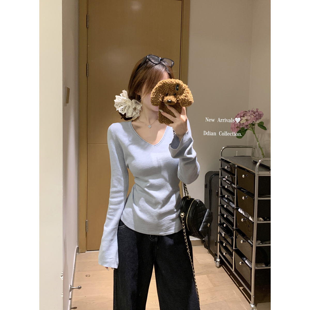 實拍 秋冬韓版V領氣質6羊毛針織衫簡約百搭打底長袖上衣女