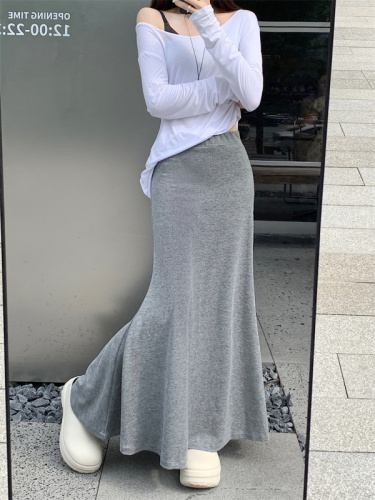 Large size real shot gray drape skirt for women in autumn high waist slimming fishtail A-line hip-hugging long skirt